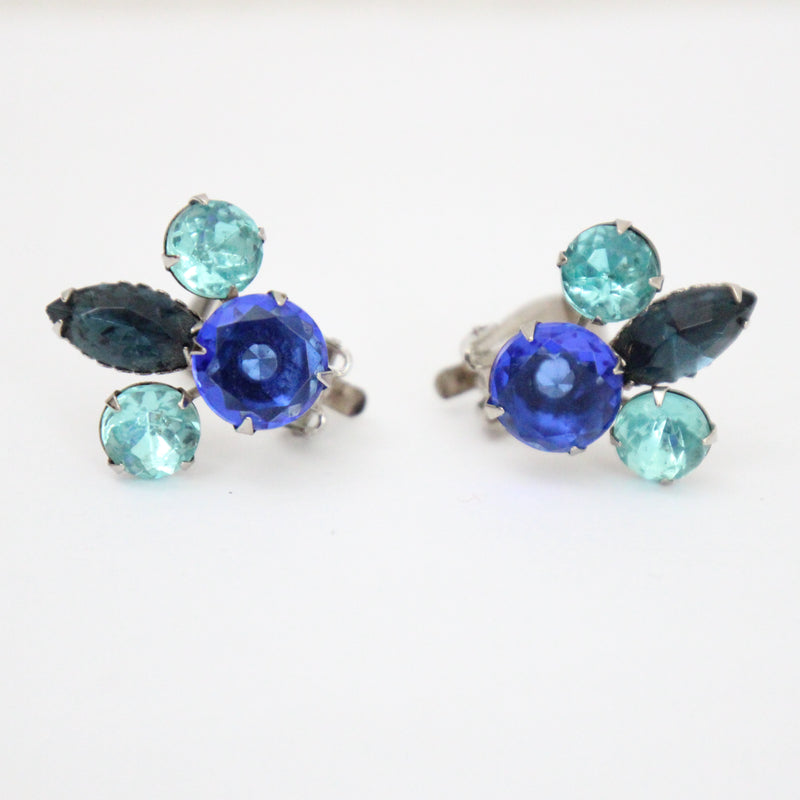 "Palette of Blues" Vintage 1950's Blue Rhinestone Clip on Earrings