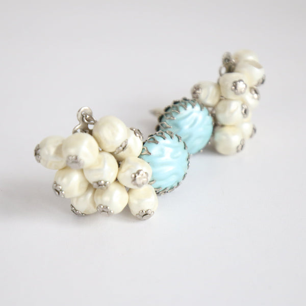 "Pearlescent Climbers" Vintage 1960's Pearlescent Cluster & Sky Blue Climber Earrings
