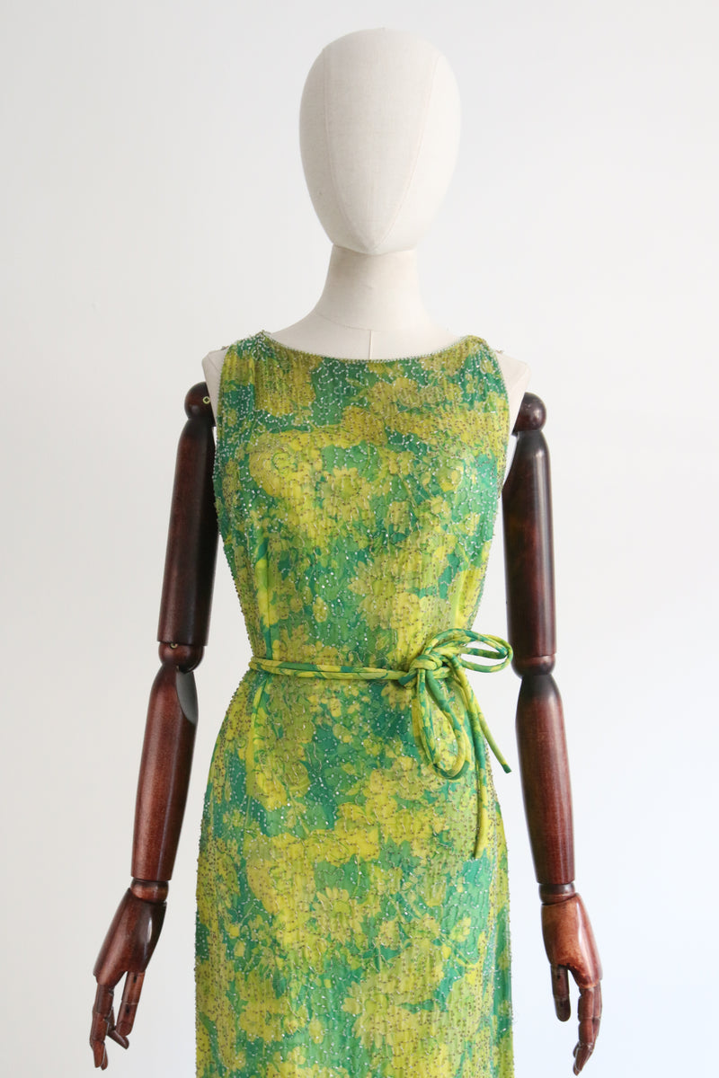 "Frank Starr" Vintage 1960's Lime Green & Emerald Silk Beaded Dress & Coat Set UK 12 US 8