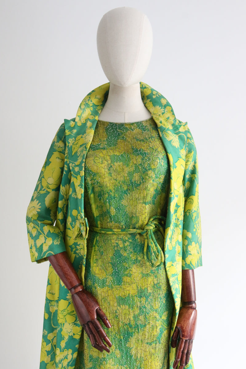 "Frank Starr" Vintage 1960's Lime Green & Emerald Silk Beaded Dress & Coat Set UK 12 US 8