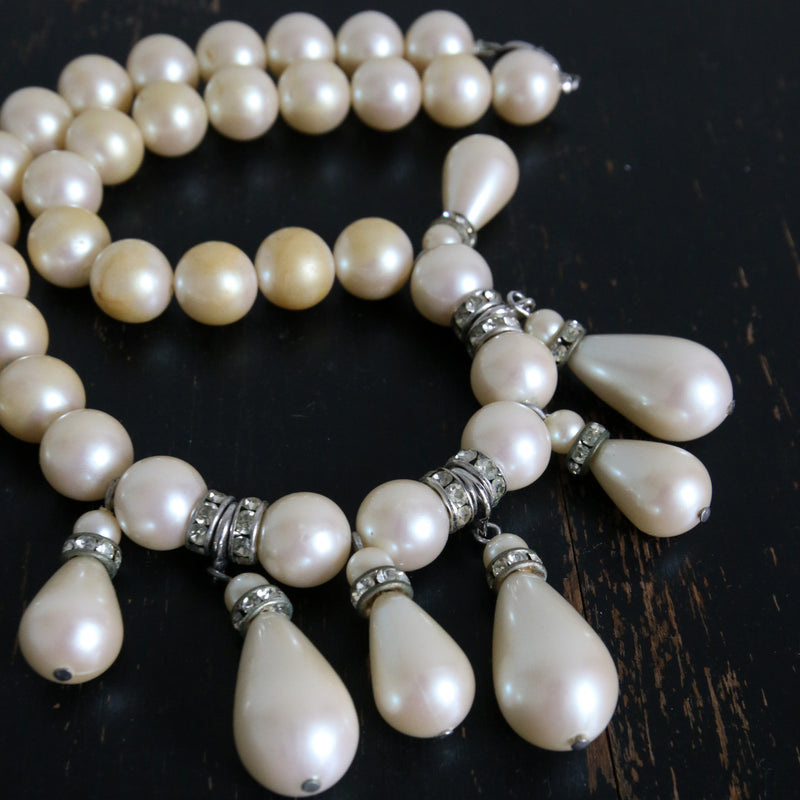 "Pearlescent Droplets" Vintage 1950's Pearl & Rhinestone Necklace