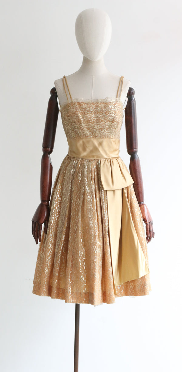 "Gold Lace & Satin" Vintage 1950's Gold Floral Lace & Satin Dress UK 4-6 US 0-2