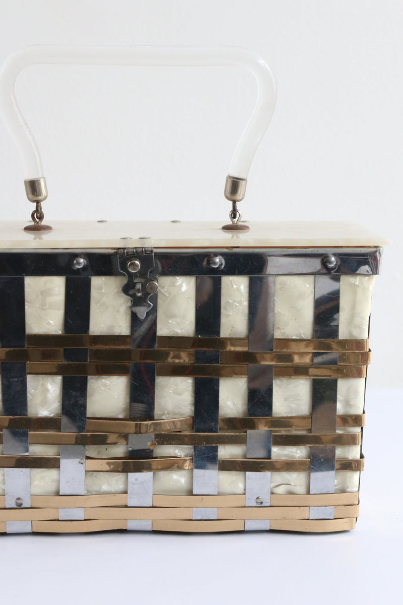 "Silver & Gold" Vintage 1950's Pearlescent Lucite & Metal Lattice Box Bag