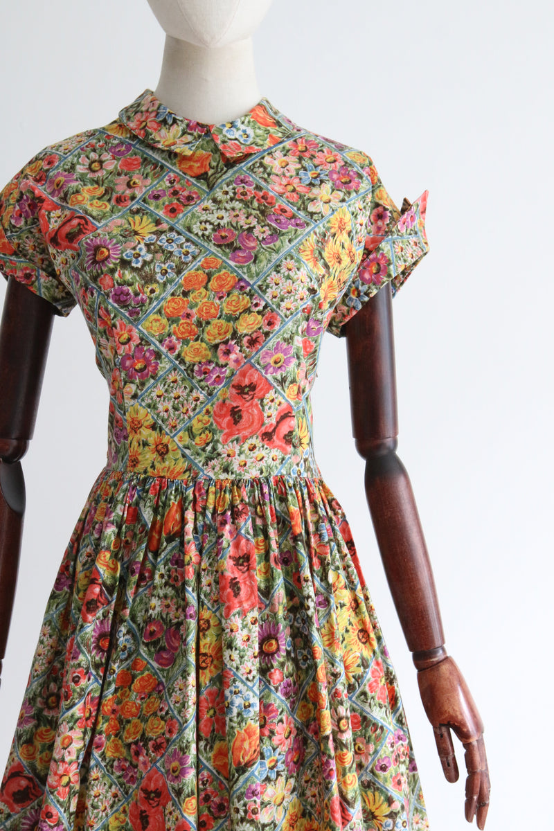 "Summer Gardens" Vintage 1950's Cotton Floral Dress UK 10-12 US 6-8