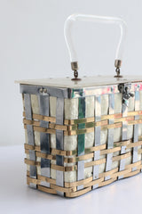 "Silver & Gold" Vintage 1950's Pearlescent Lucite & Metal Lattice Box Bag