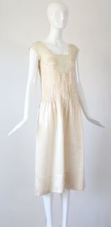 "Satin Pintucks & Lace" Vintage 1930's Champagne Satin Pleated Gown UK 8 US 4