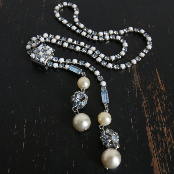 "Ice Blue Milk Glass" Vintage 1960's Adjustable Droplet Rhinestone Necklace