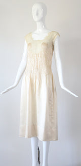 "Satin Pintucks & Lace" Vintage 1930's Champagne Satin Pleated Gown UK 8 US 4