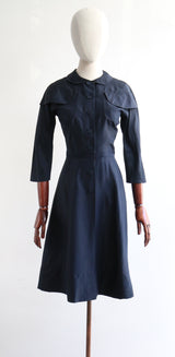 "Navy Silk Pockets" Vintage 1950's Navy Blue Silk Pocket Detail Dress UK 8 US 4