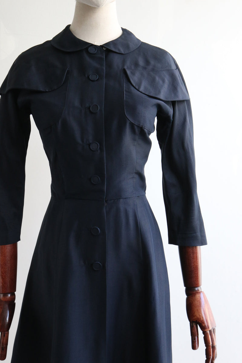 "Navy Silk Pockets" Vintage 1950's Navy Blue Silk Pocket Detail Dress UK 8 US 4