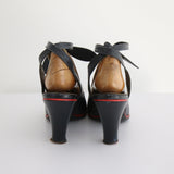 "Navy Leather Bows" Vintage 1940's Navy Leather Sling Back Heels UK 5 EU 38 US 7