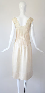 "Satin Pintucks & Lace" Vintage 1930's Champagne Satin Pleated Gown UK 8 US 4