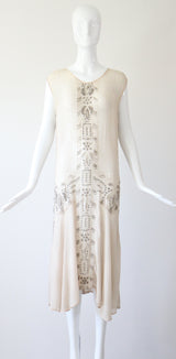 "Blush & Silver Beadwork" Vintage 1920's Blush Silk Chiffon Beaded Dress UK 8-10 US 4-6