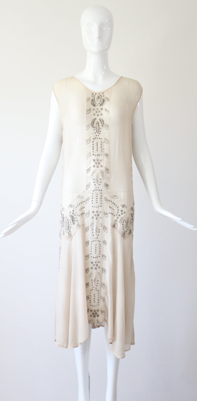 "Blush & Silver Beadwork" Vintage 1920's Blush Silk Chiffon Beaded Dress UK 8-10 US 4-6
