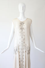 "Blush & Silver Beadwork" Vintage 1920's Blush Silk Chiffon Beaded Dress UK 8-10 US 4-6