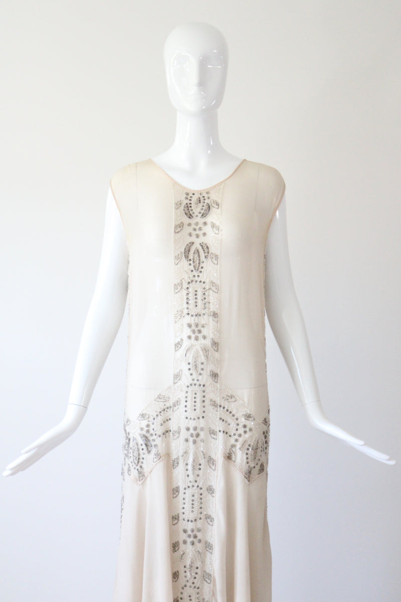 "Blush & Silver Beadwork" Vintage 1920's Blush Silk Chiffon Beaded Dress UK 8-10 US 4-6