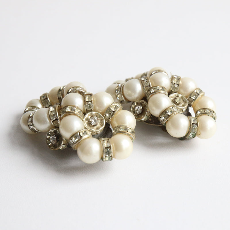 "Infinity Pearls" Vintage 1950's Pearl & Rhinestone Statement Clip On Earrings