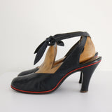 "Navy Leather Bows" Vintage 1940's Navy Leather Sling Back Heels UK 5 EU 38 US 7