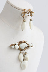 "Filigree & Milk Glass" Vintage 1950's Miriam Haskell Earrings & Brooch Demi-Parure Set