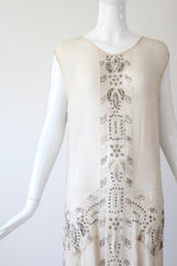 "Blush & Silver Beadwork" Vintage 1920's Blush Silk Chiffon Beaded Dress UK 8-10 US 4-6