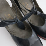 "Navy Leather Bows" Vintage 1940's Navy Leather Sling Back Heels UK 5 EU 38 US 7