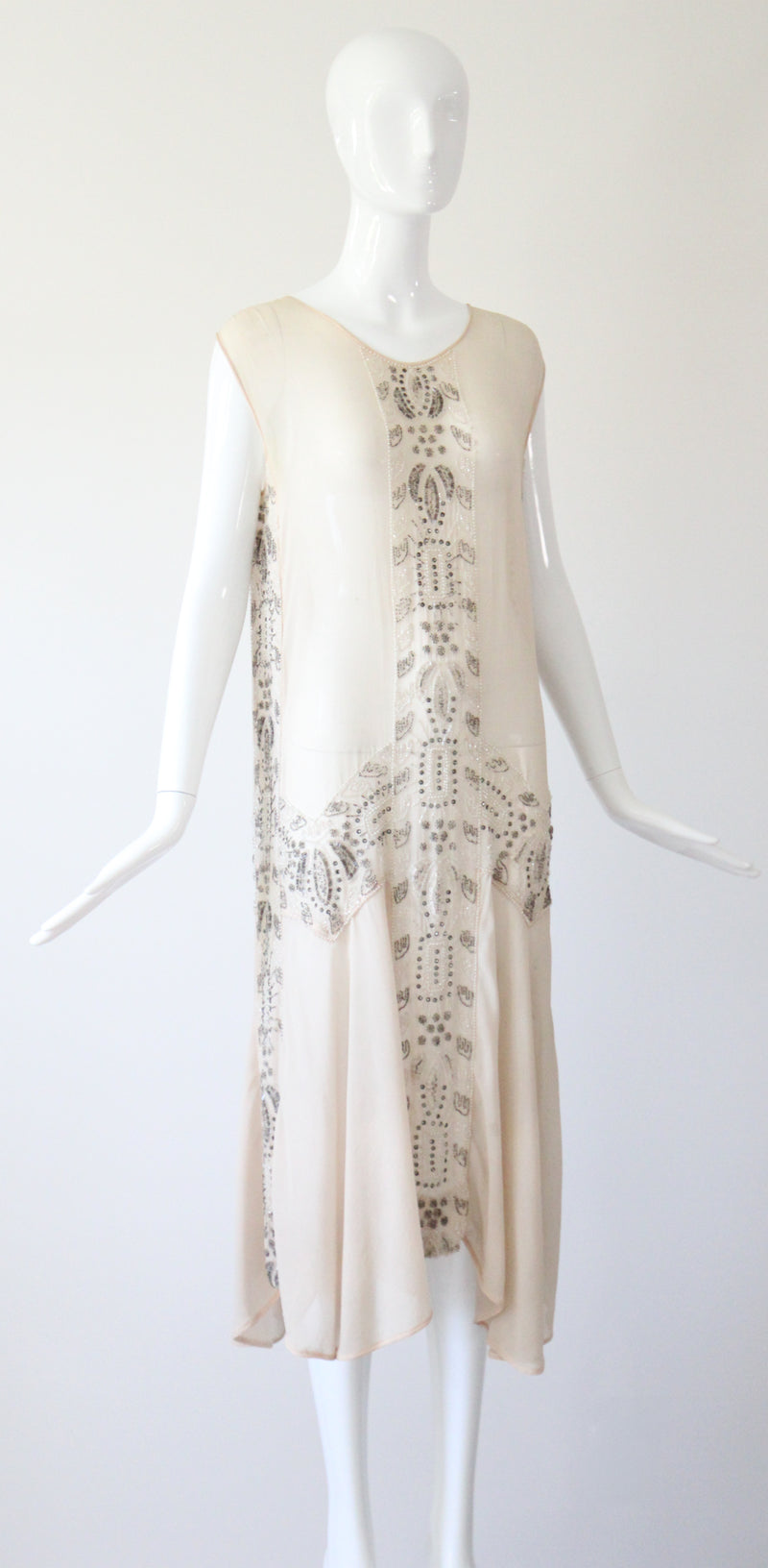 "Blush & Silver Beadwork" Vintage 1920's Blush Silk Chiffon Beaded Dress UK 8-10 US 4-6