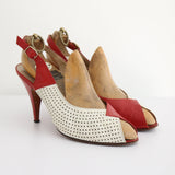 "Two Tone Leather" Vintage 1960's Red & White Peep Toe Heels UK 5 EU 38 US 7