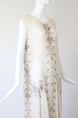 "Blush & Silver Beadwork" Vintage 1920's Blush Silk Chiffon Beaded Dress UK 8-10 US 4-6