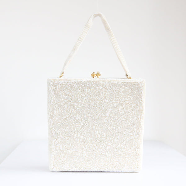 "Sparkling Rocaille" Vintage 1950's White & Iridescent Floral Beaded Box Bag