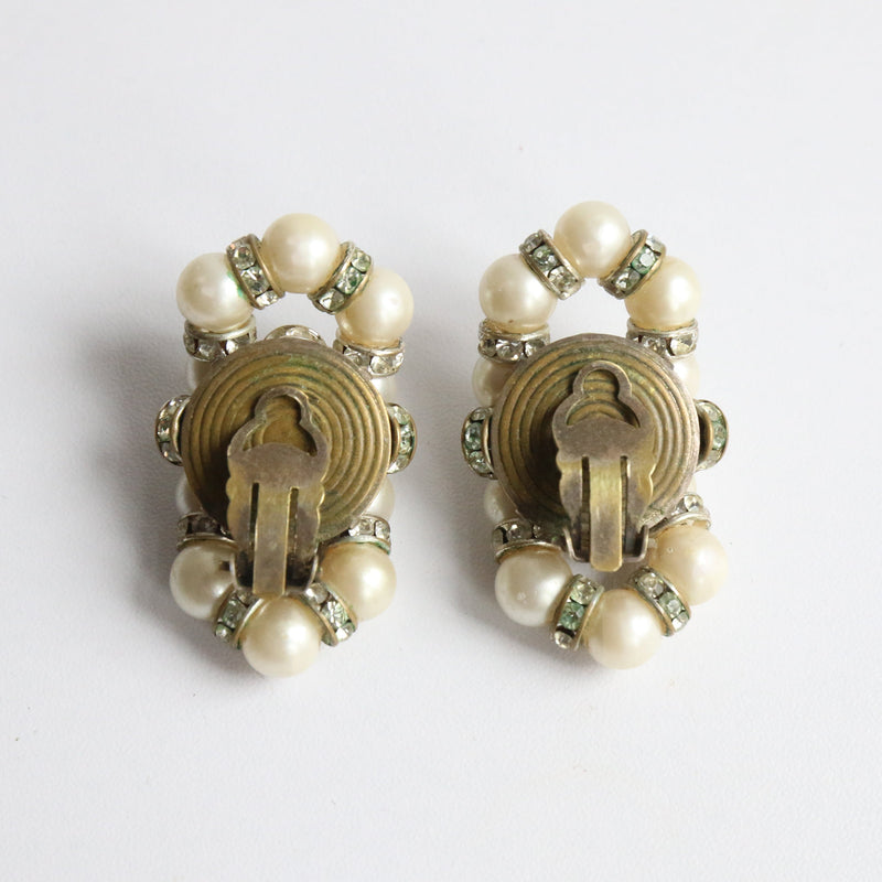 "Infinity Pearls" Vintage 1950's Pearl & Rhinestone Statement Clip On Earrings