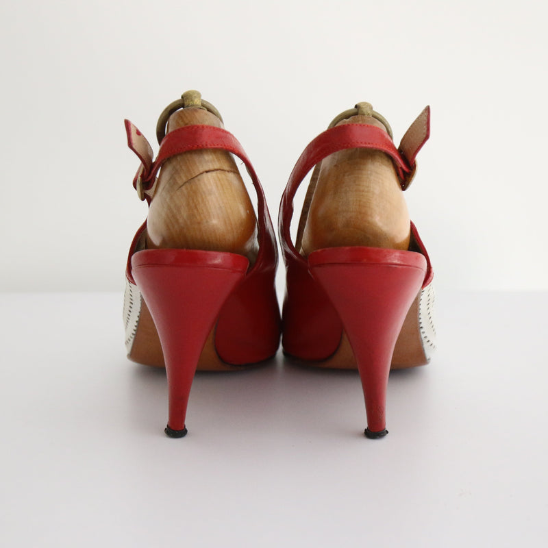 "Two Tone Leather" Vintage 1960's Red & White Peep Toe Heels UK 5 EU 38 US 7