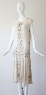 "Blush & Silver Beadwork" Vintage 1920's Blush Silk Chiffon Beaded Dress UK 8-10 US 4-6
