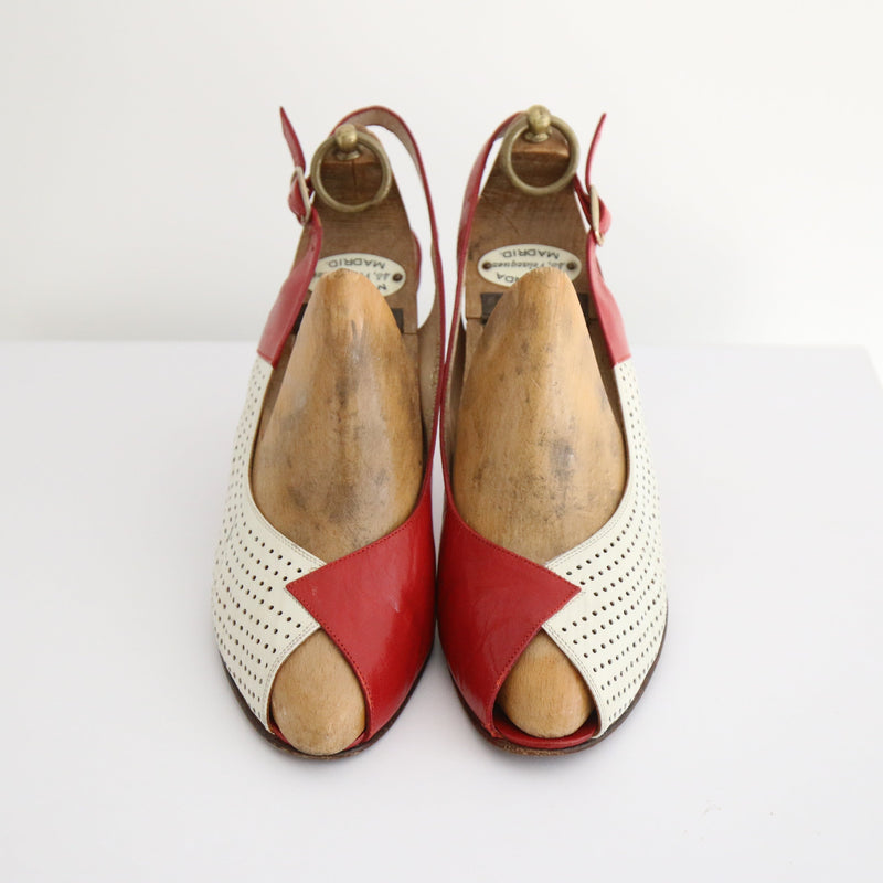 "Two Tone Leather" Vintage 1960's Red & White Peep Toe Heels UK 5 EU 38 US 7