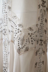 "Blush & Silver Beadwork" Vintage 1920's Blush Silk Chiffon Beaded Dress UK 8-10 US 4-6