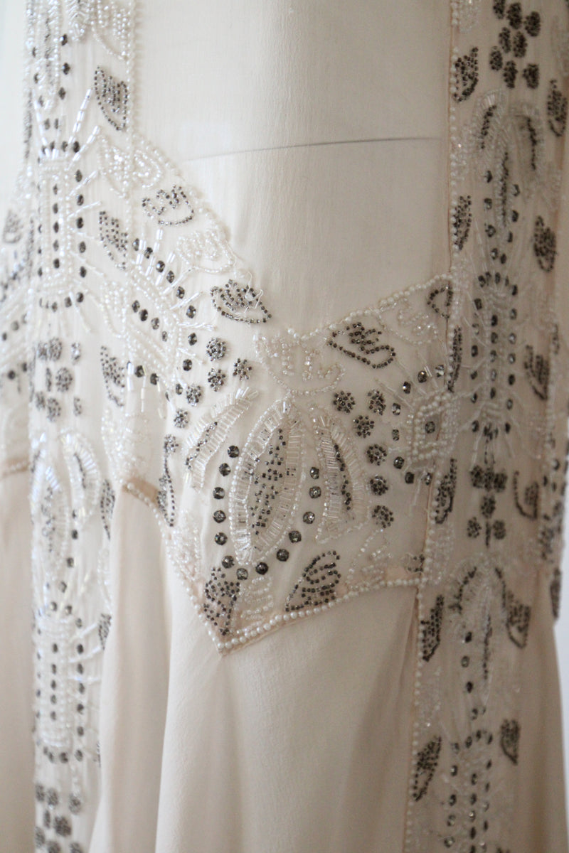 "Blush & Silver Beadwork" Vintage 1920's Blush Silk Chiffon Beaded Dress UK 8-10 US 4-6