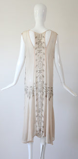 "Blush & Silver Beadwork" Vintage 1920's Blush Silk Chiffon Beaded Dress UK 8-10 US 4-6