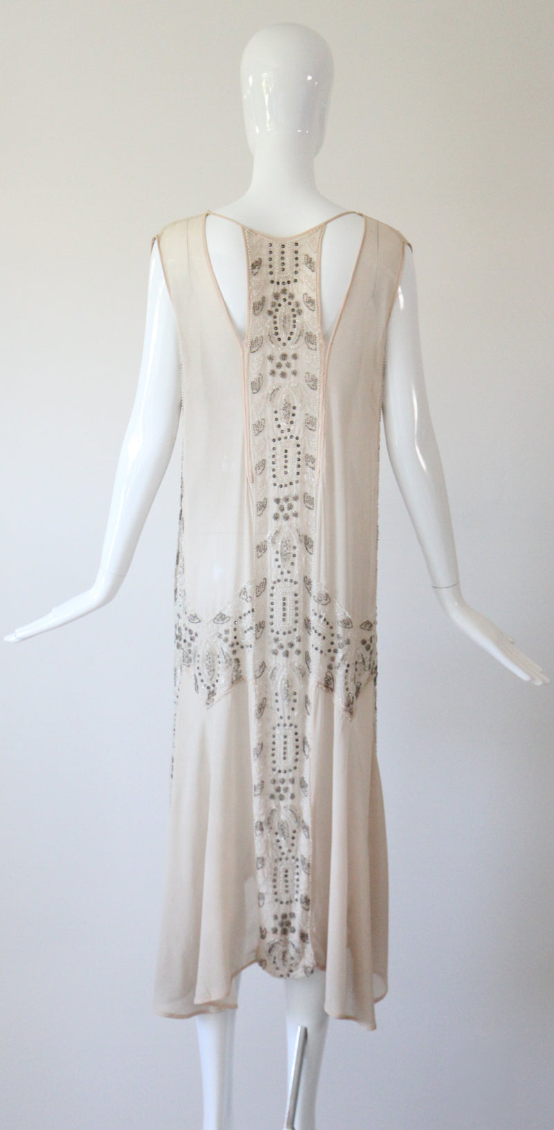 "Blush & Silver Beadwork" Vintage 1920's Blush Silk Chiffon Beaded Dress UK 8-10 US 4-6