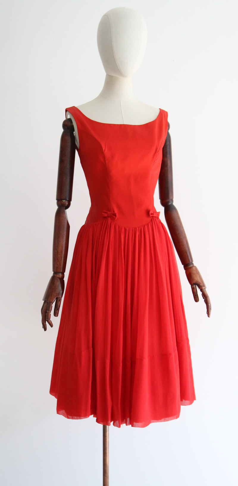 "Ruby Red Satin" Vintage 1950's Ruby Red Satin & Chiffon Emma Domb Dress UK 8-10 US 4-6