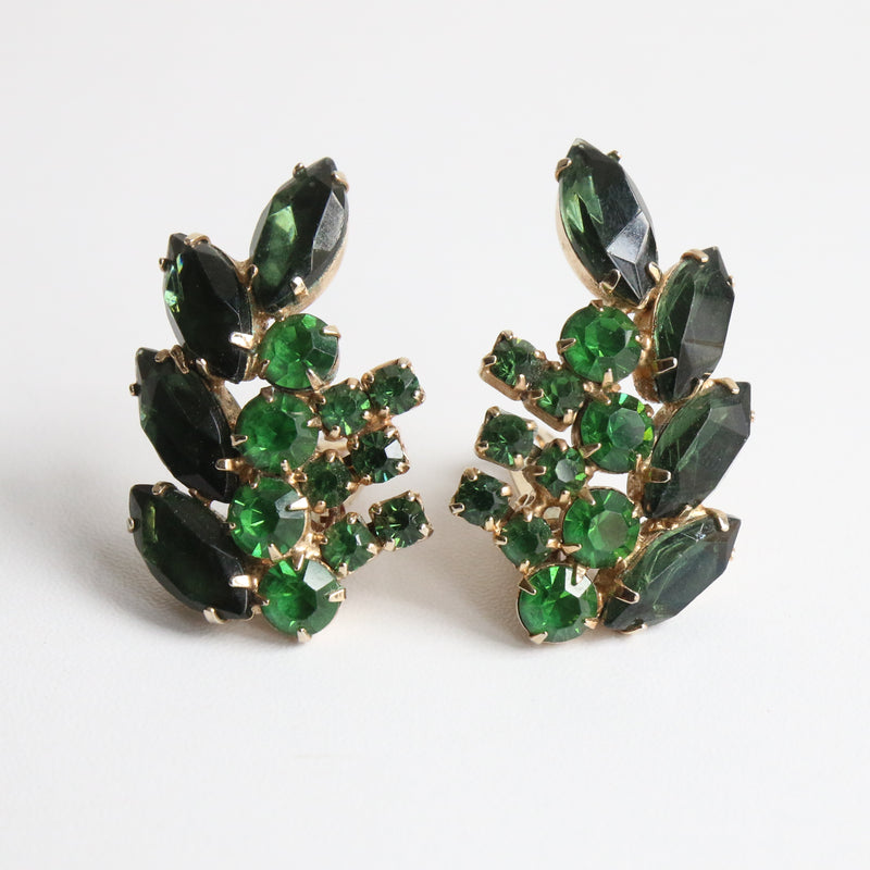 "Spring Leaves" Vintage 1950's Green Rhinestone Statement Clip On Earrings