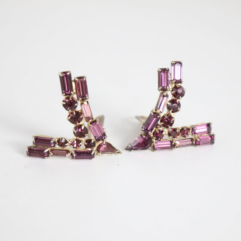 "Violet Rhinestones" Vintage 1950's Purple Rhinestone Statement Clip On Earrings