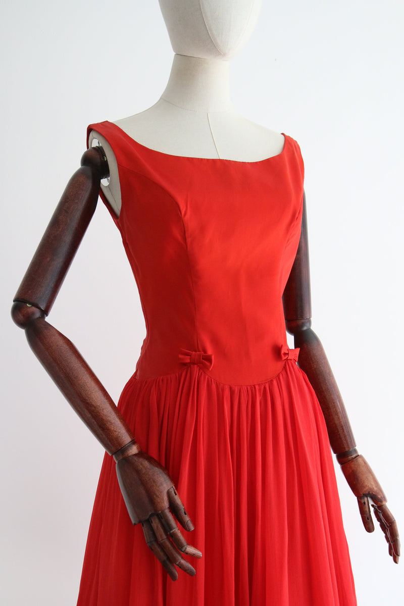 "Ruby Red Satin" Vintage 1950's Ruby Red Satin & Chiffon Emma Domb Dress UK 8-10 US 4-6