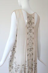 "Blush & Silver Beadwork" Vintage 1920's Blush Silk Chiffon Beaded Dress UK 8-10 US 4-6