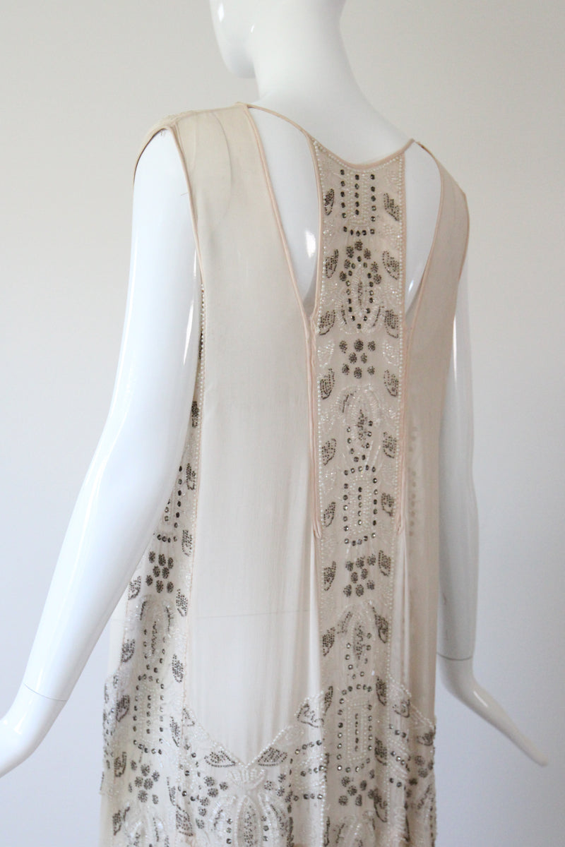"Blush & Silver Beadwork" Vintage 1920's Blush Silk Chiffon Beaded Dress UK 8-10 US 4-6