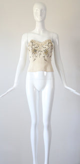 “Trailing Beadwork Bustier" Vintage 1950's Embellished Cream Bustier UK 8 US 4