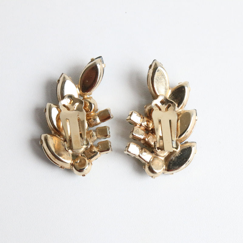"Spring Leaves" Vintage 1950's Green Rhinestone Statement Clip On Earrings