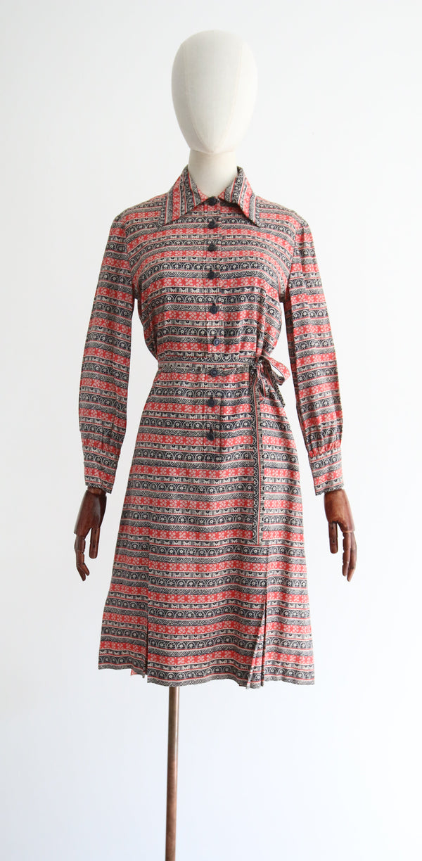 "Floral Pinstripes" Vintage 1970's Silk Floral Pinstripe Dress UK 10 US 6