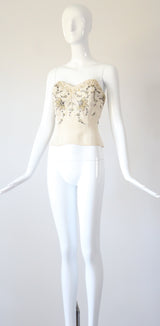 “Trailing Beadwork Bustier" Vintage 1950's Embellished Cream Bustier UK 8 US 4