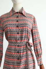 "Floral Pinstripes" Vintage 1970's Silk Floral Pinstripe Dress UK 10 US 6