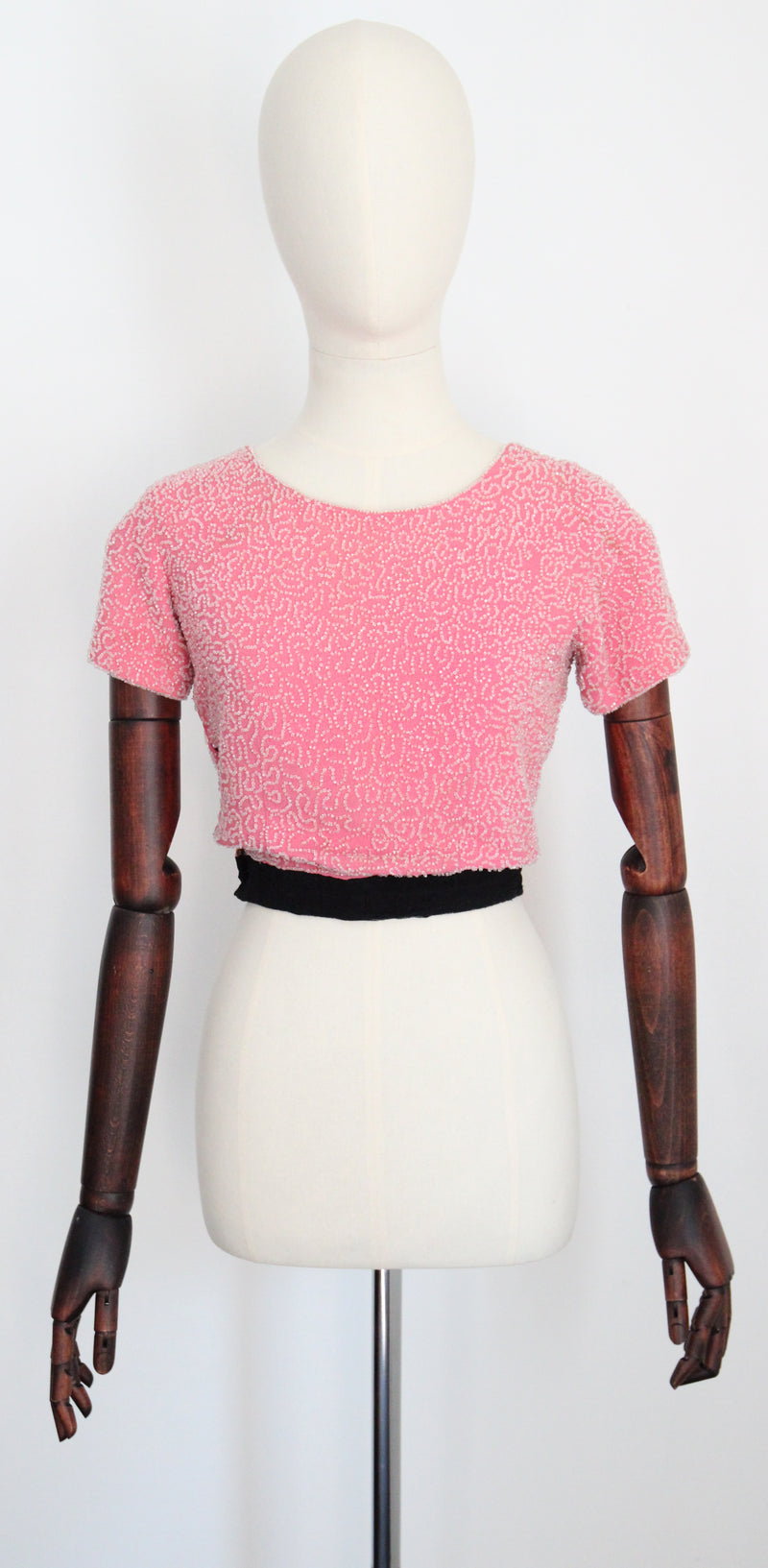 "French Rose Beadwork" Vintage 1930's French Rose Pink Silk & Beaded Blouse UK 6 US 2