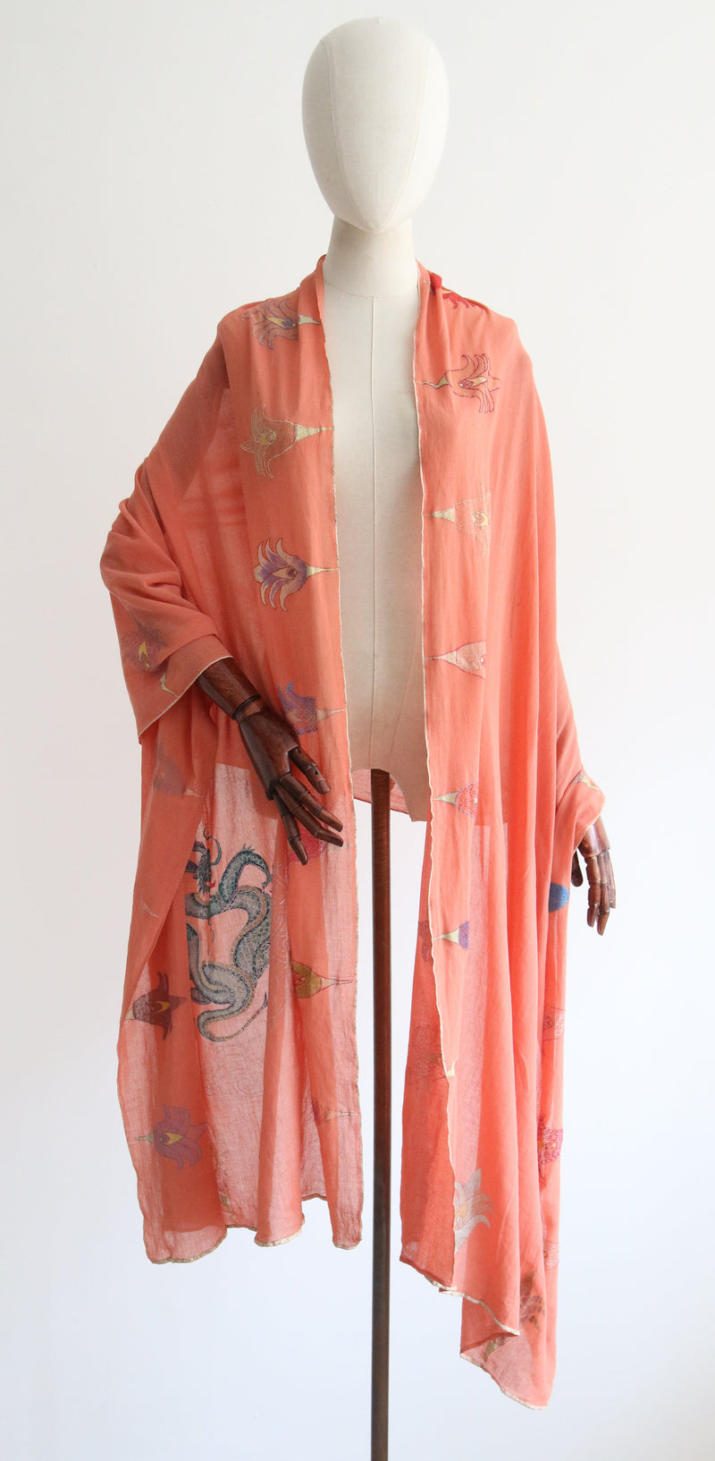 « Coral Silk Turquoise Dragon" Vintage 1920's Silk Hand Painted Shawl